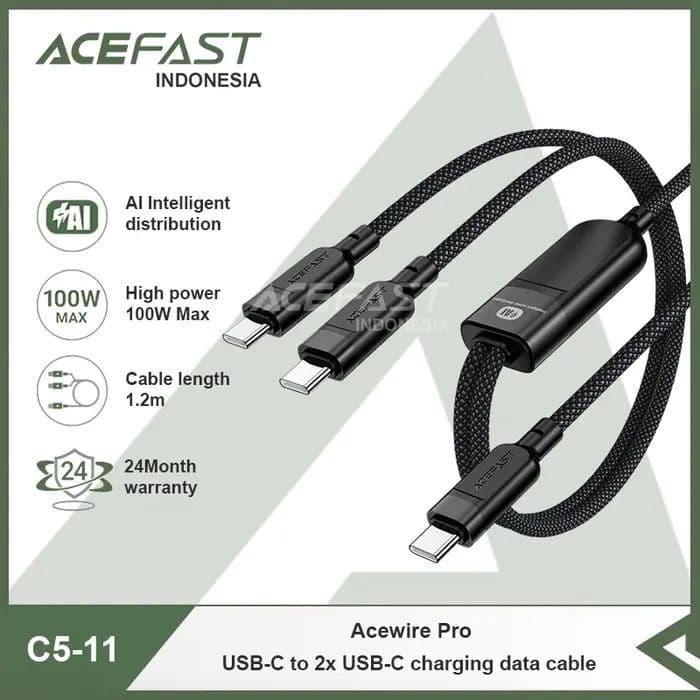 Usb - C To 2* Usb - C Ai Intelligent Fast charging Data Cable 1.2 Mtr - Acefast C5-11