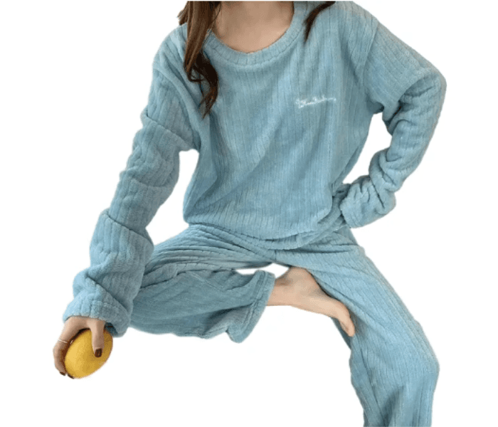 Autumn Winter Coral Fleece Home Wear Pajamas Suit For Women - Blue