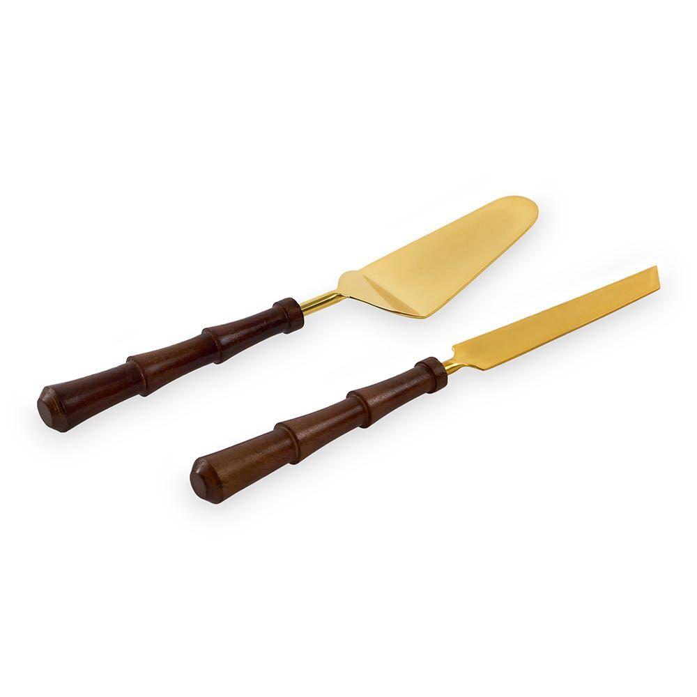 Carson Cake Lifter And Knife, Matte Gold & Wood - Set Of 2