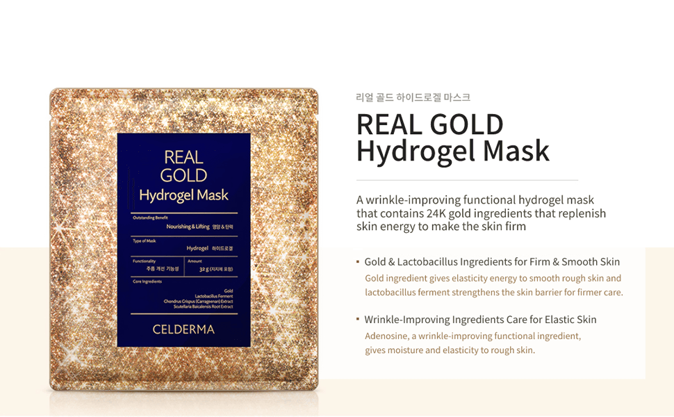 Celderma Real Gold Hydrogel Face Mask  With Lactobacillus Ferment 3 Sheets