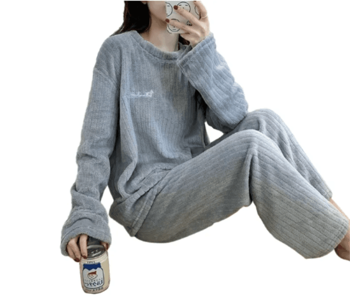 Autumn Winter Coral Fleece Home Wear Pajamas Suit For Women - Grey