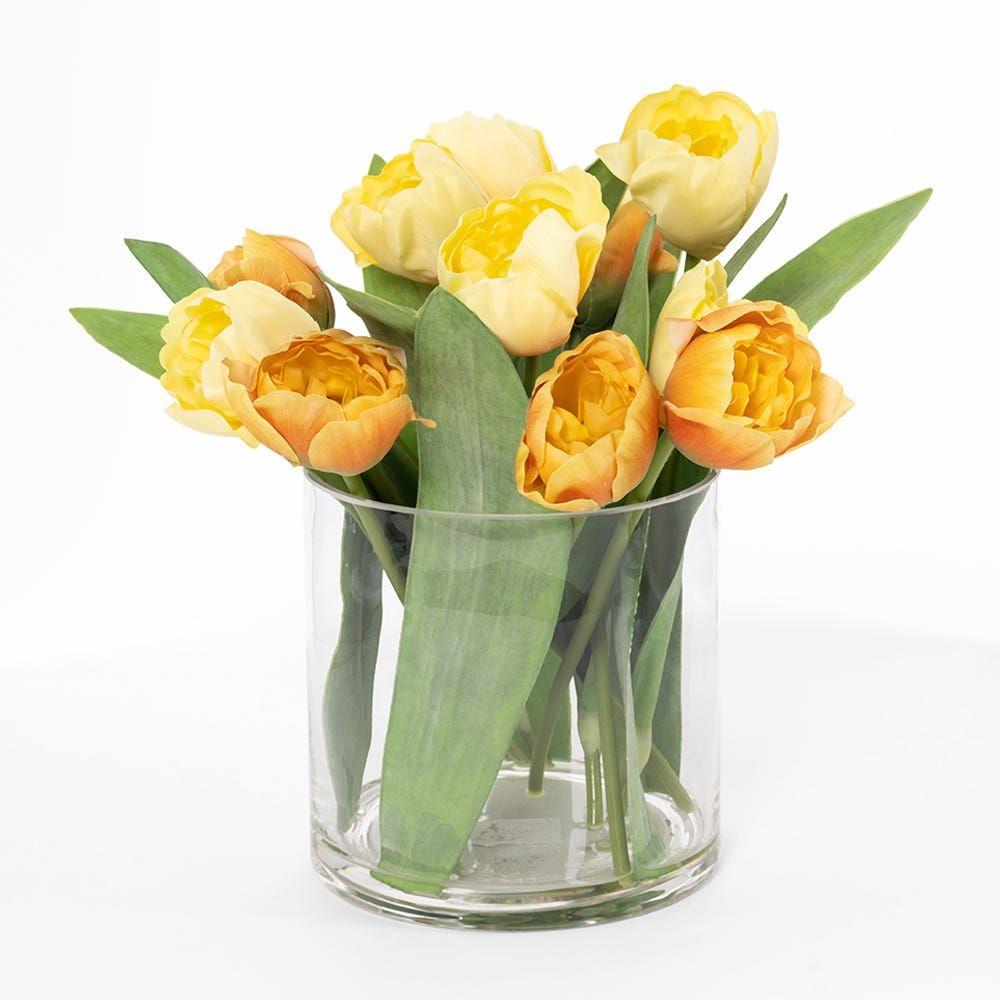 Tulip In Glass Vase, Yellow & Green - 15X30Cm