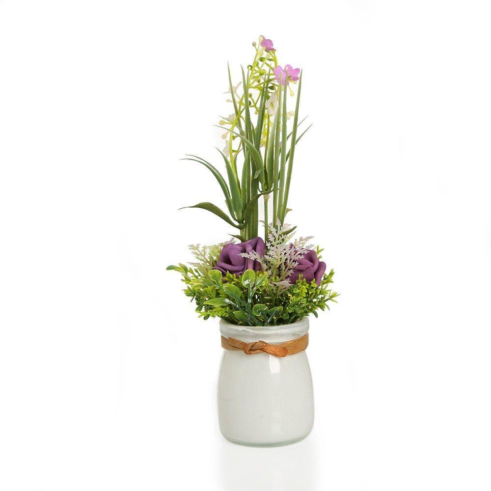 Garden Lavender Roses With Gypso In White Glass Vase Â€“ 22.5 Cms