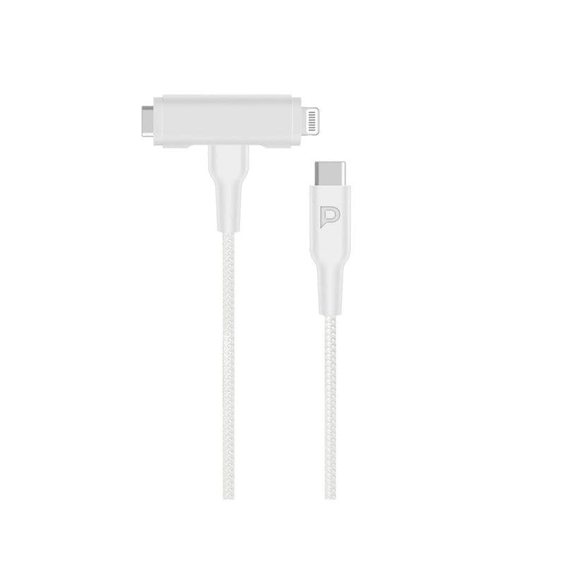 Powerology Braided Usb-C To Usb-C + Lightning Data & Fast Charge 1.2M/4Ft White