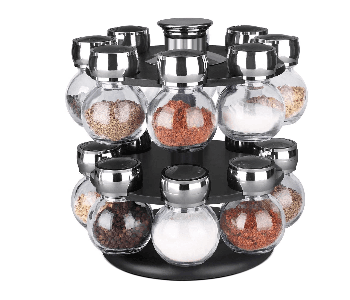 16 Jars Glass Jar With Revolving Rack - Black And Silver