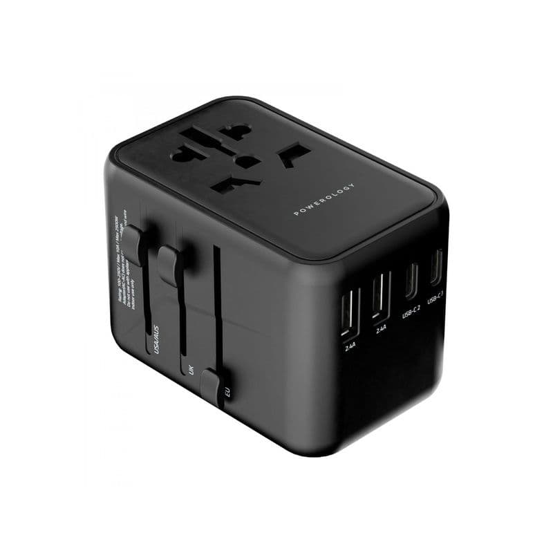 Powerology Universal Multi-Port Travel Adapter Pd 65W ( 3X Type-C / 2X Usb-A Ports ) - Black