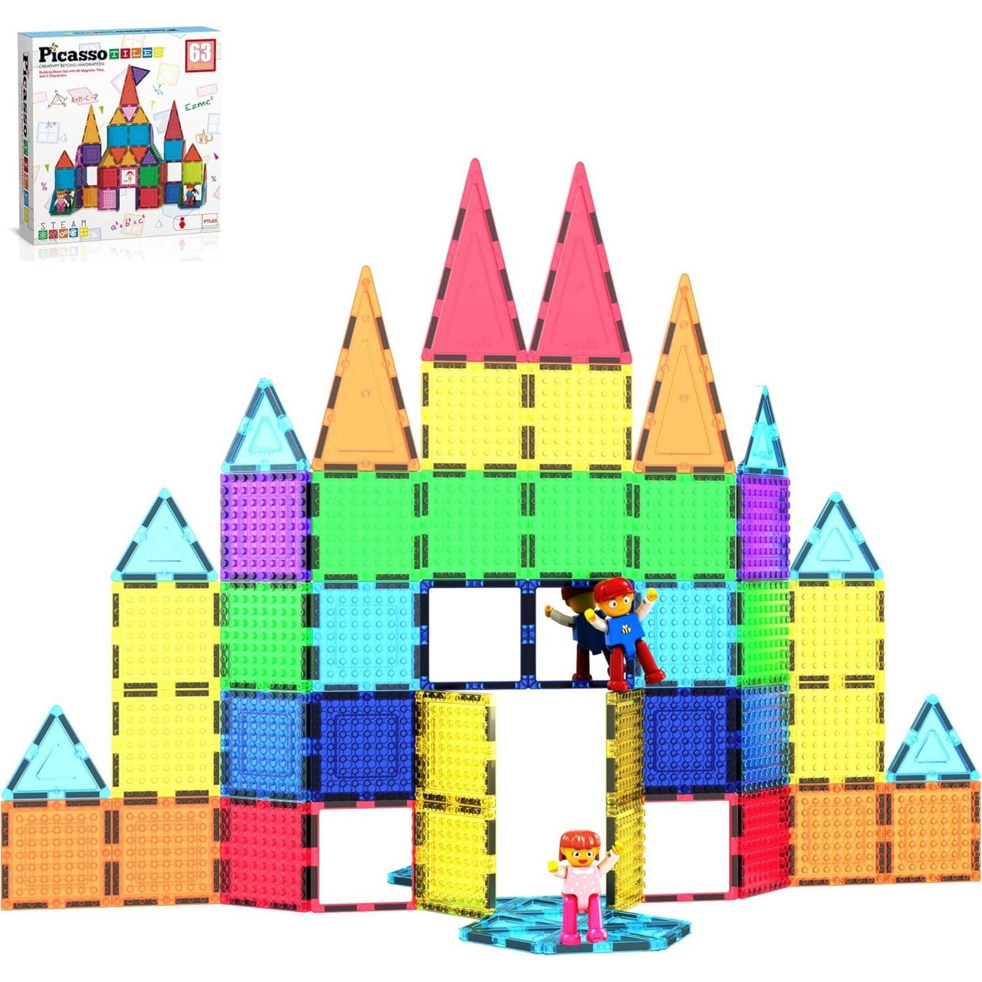 Picassotiles Brick Block Magnetic Building Block Set With 2 Character Figures (63 Pieces)