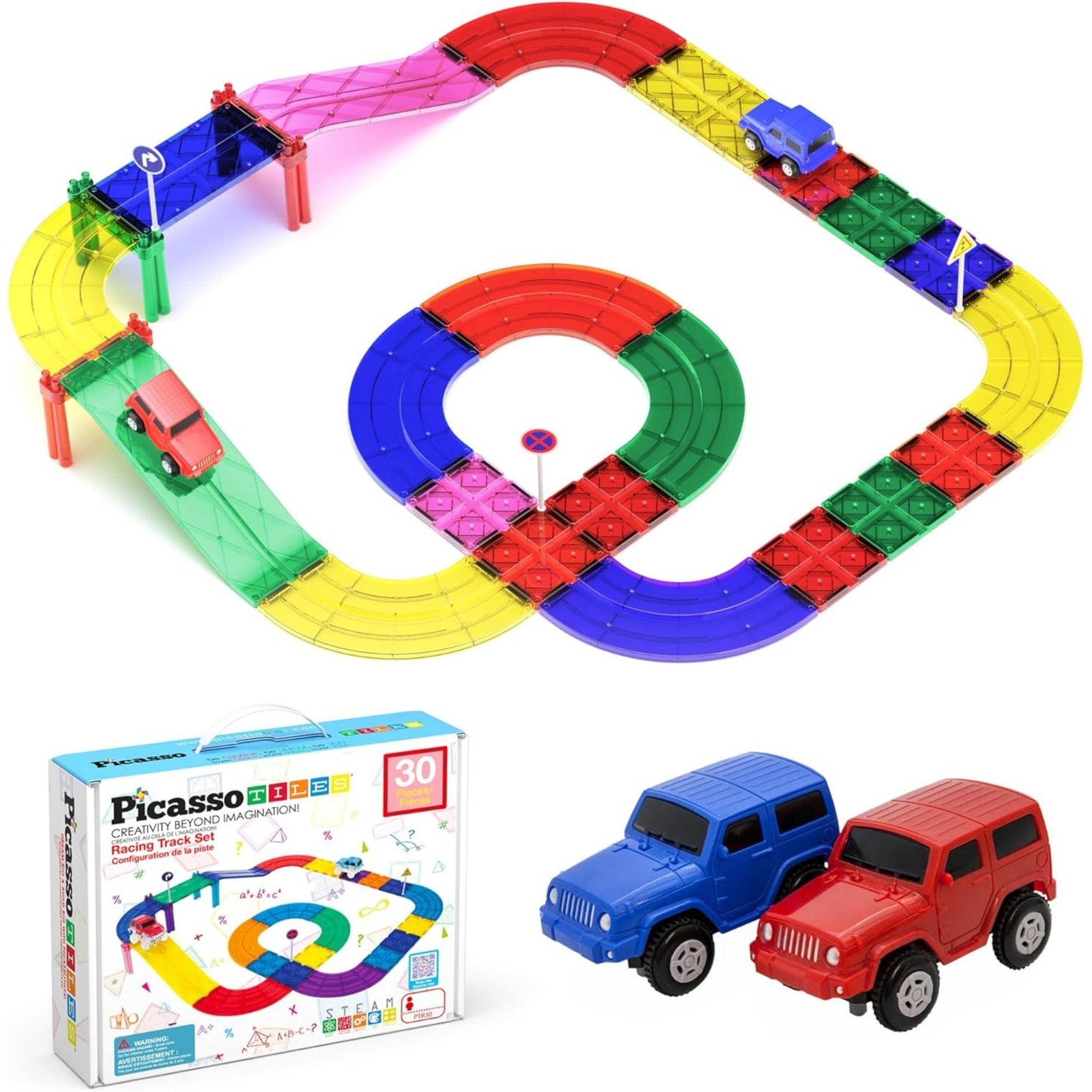 Picassotiles Race Car Track Magnetic Building Blocks Set With 2 Toy Cars ( 30 Pieces )