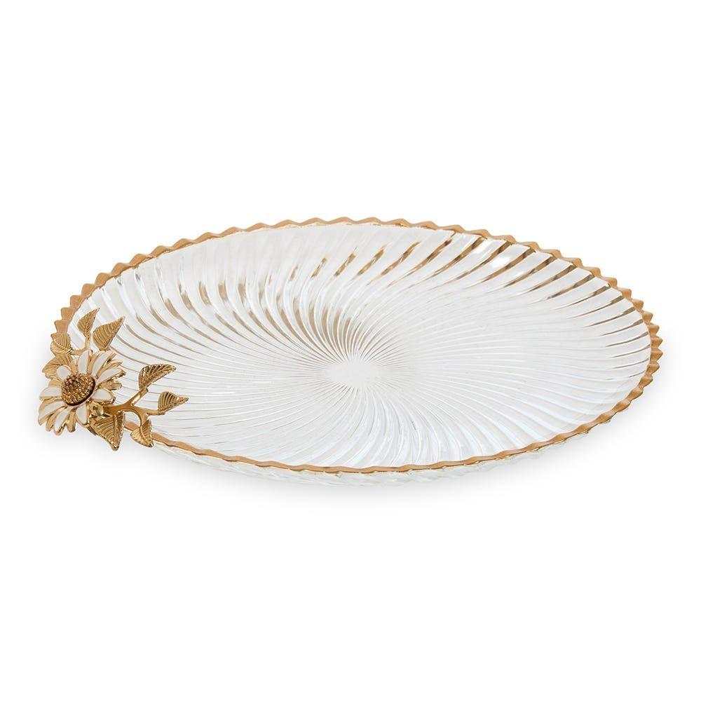 Luna Glass Serving Platter, White & Gold - 32 cm