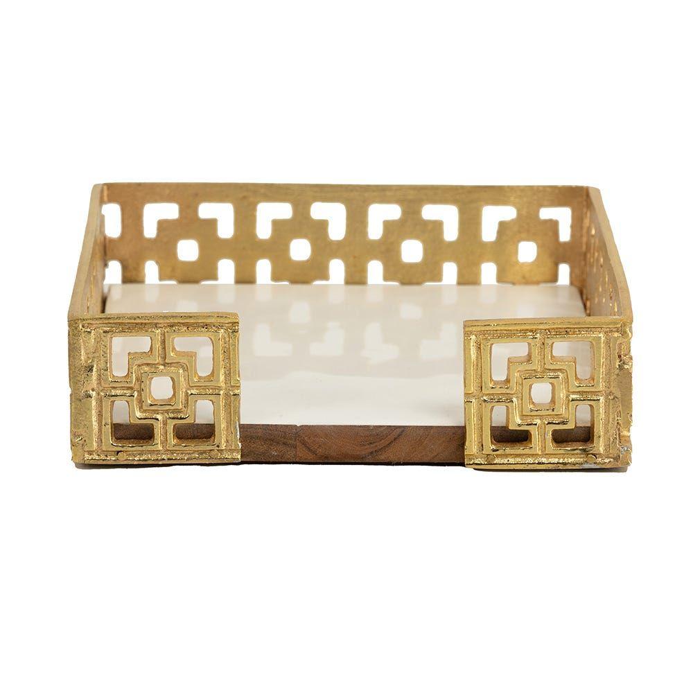 Damask Napkin Holder, White & Gold - 17X17 Cm