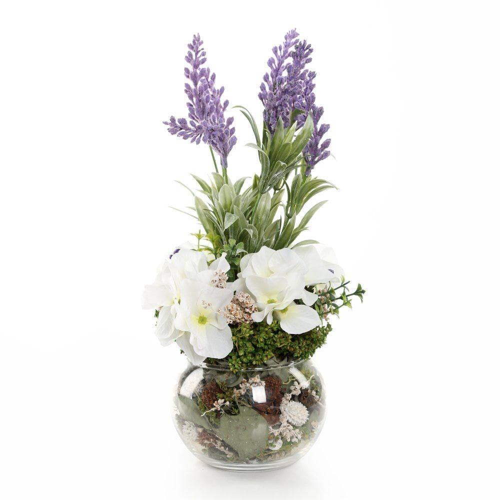 Artificial Lavender & Hydrangea With Glass Jar (White, 36 Cms)