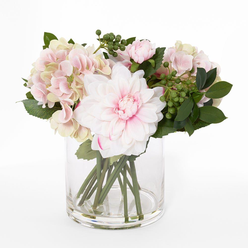 Dahlia Hydrangea In Glass Vase, Light Pink & Green - 20X26 Cm