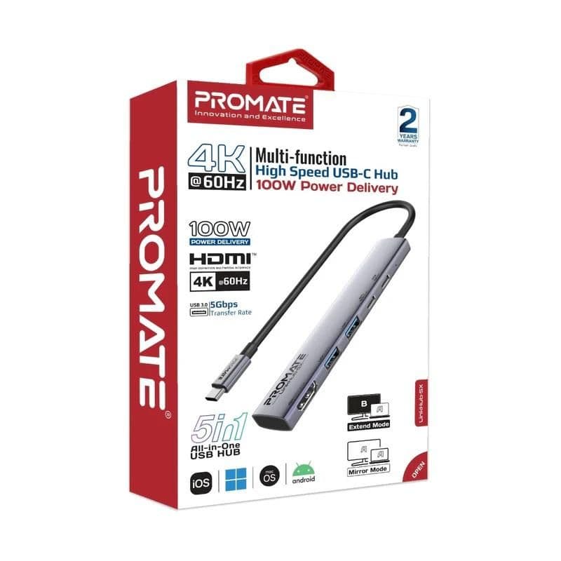 موزع USB متعدد الوظائف من بروميت يدعم 4K@60Hz وتوصيل طاقة 100 واط No.16311