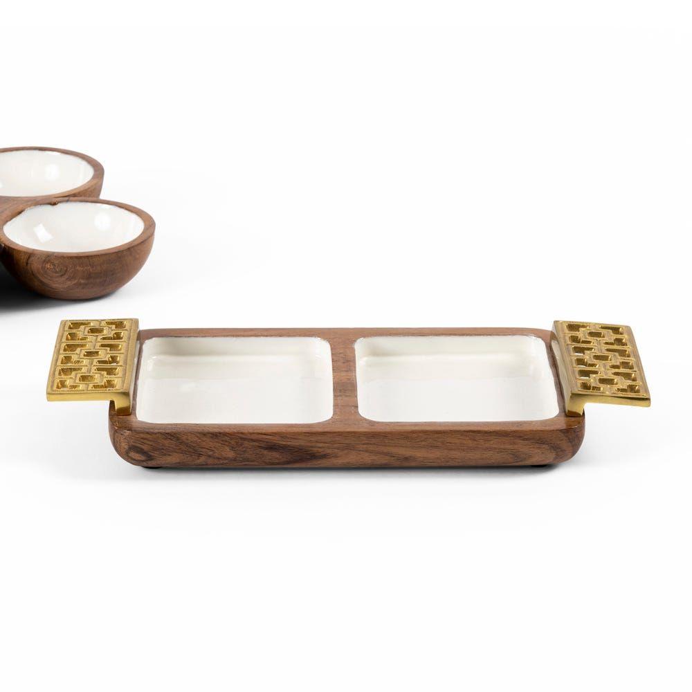 Damask 2-Portion Tray With Enamel & Handle, White & Gold - 32X15 Cm