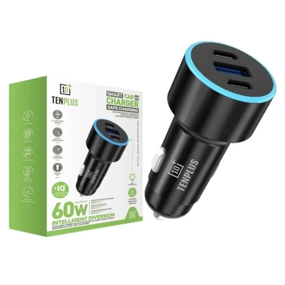 Tenplus 60WSuper Fast Car Charger 3 Ports ( 2Usb-C+ Usb-A)