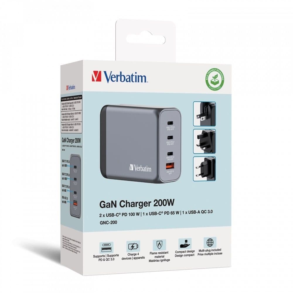 شاحن Verbatim Gan بقوة 200 واط بمنفذ USB-C وUSB-A