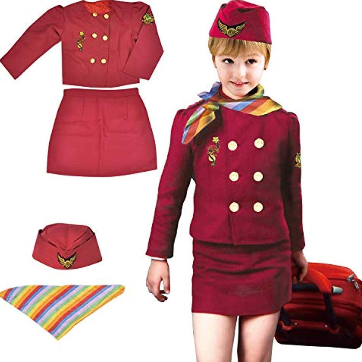 Girls Cabin Crew Air Hostess Costume for Kids - 4pcs Set (3-8 Years, 80-110cm)