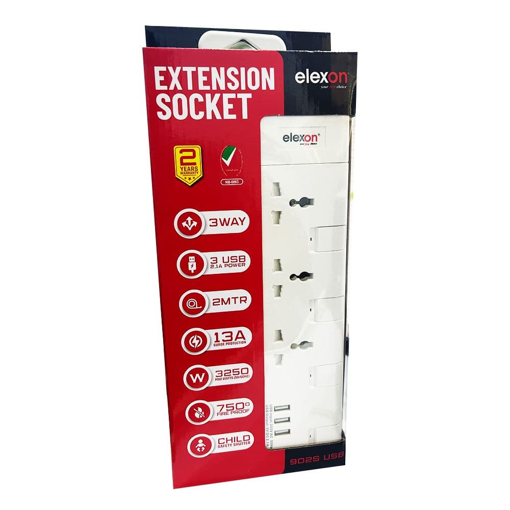 Elexon El 9025 Power Extension Socket 3 Way 3 Usb 2M White