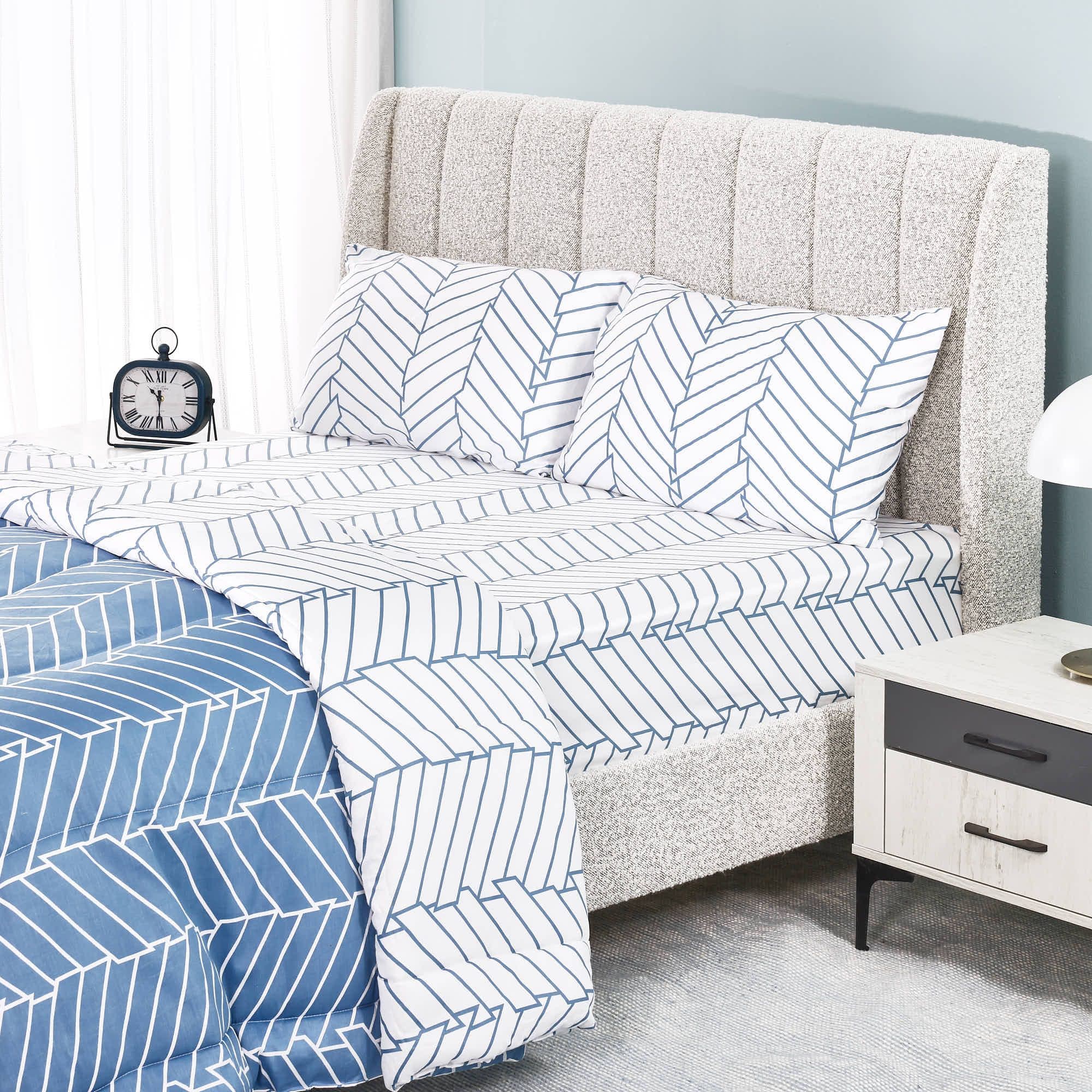 Chevron Fitted Sheet And Pillowcase Set, Tranquil Blue & White - 200X200 Cm