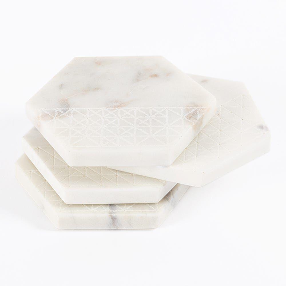 4-Piece Marble Coaster Set, White - 10Cm