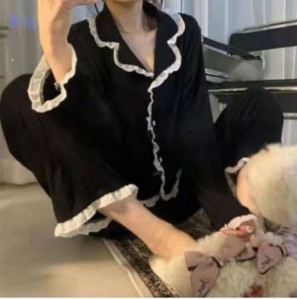 2Pcs/Set Women'S Nightwear Sexy Lace Long Sleeve Long Pants Simple 2555