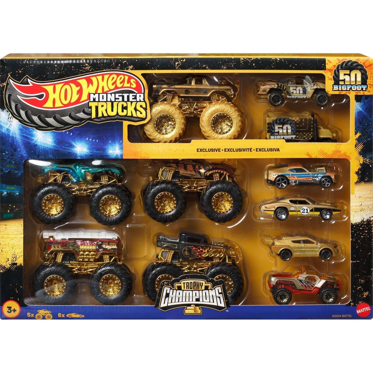 Hot Wheels Monster Trucks Bigfoot 50Th Anniversary Trophy Champions Die-Cast Cars Set (1:64, 11 Pieces)