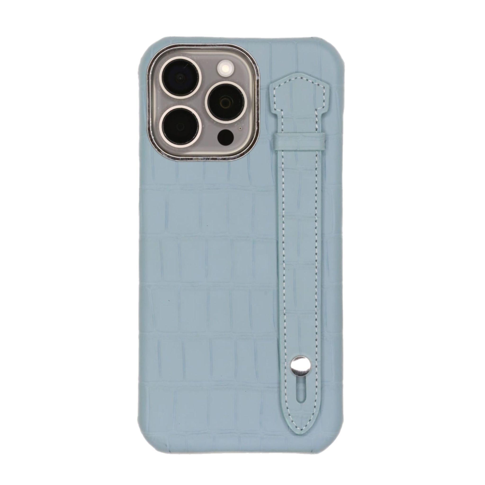 Gs Sky Blue Cover Genuine Cow Leather With Side Strap- Iphone 16 Pro