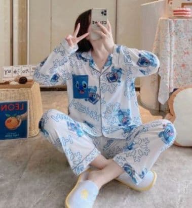 Stitch Winter Ice Silk Long-Sleeved Cartoon Pajamas Cardigan Loose Disney New 2551