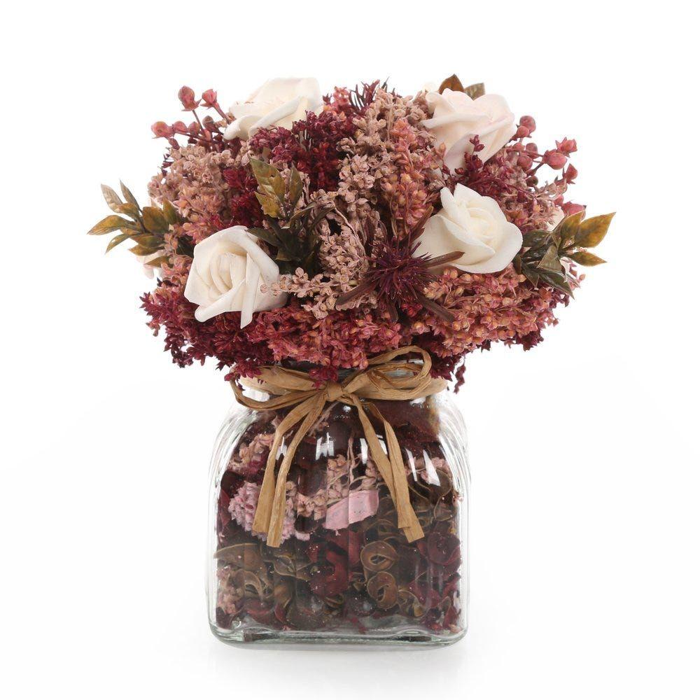 Artificial Mixed Roses With Glass Square Vase (Burgundy, 21 Cms)