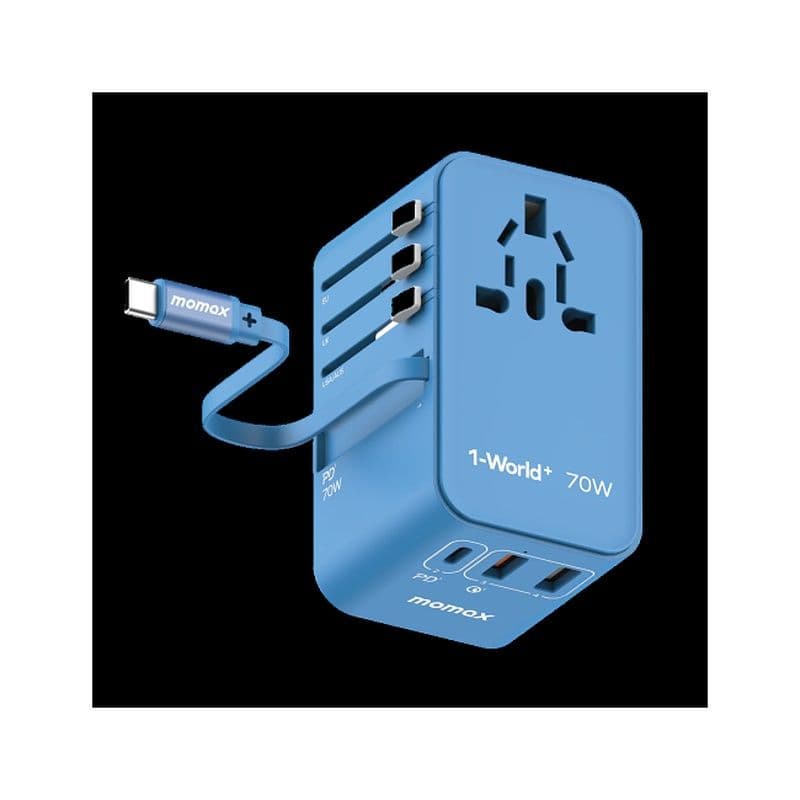 Momax 1-World 70W Gan 3 Port With Built-In Usb-C Cable Ac Travel Adaptor Blue