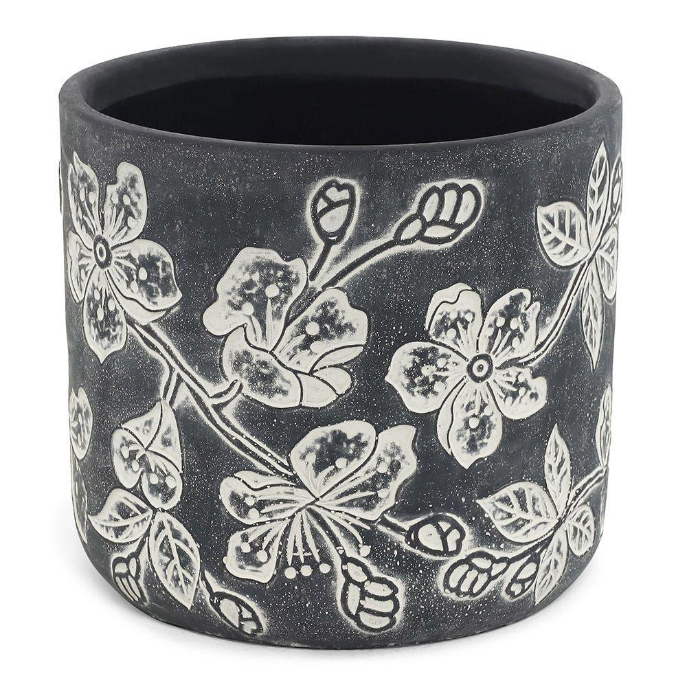 Floral Cement Planter, Black- 16.5X15 Cm