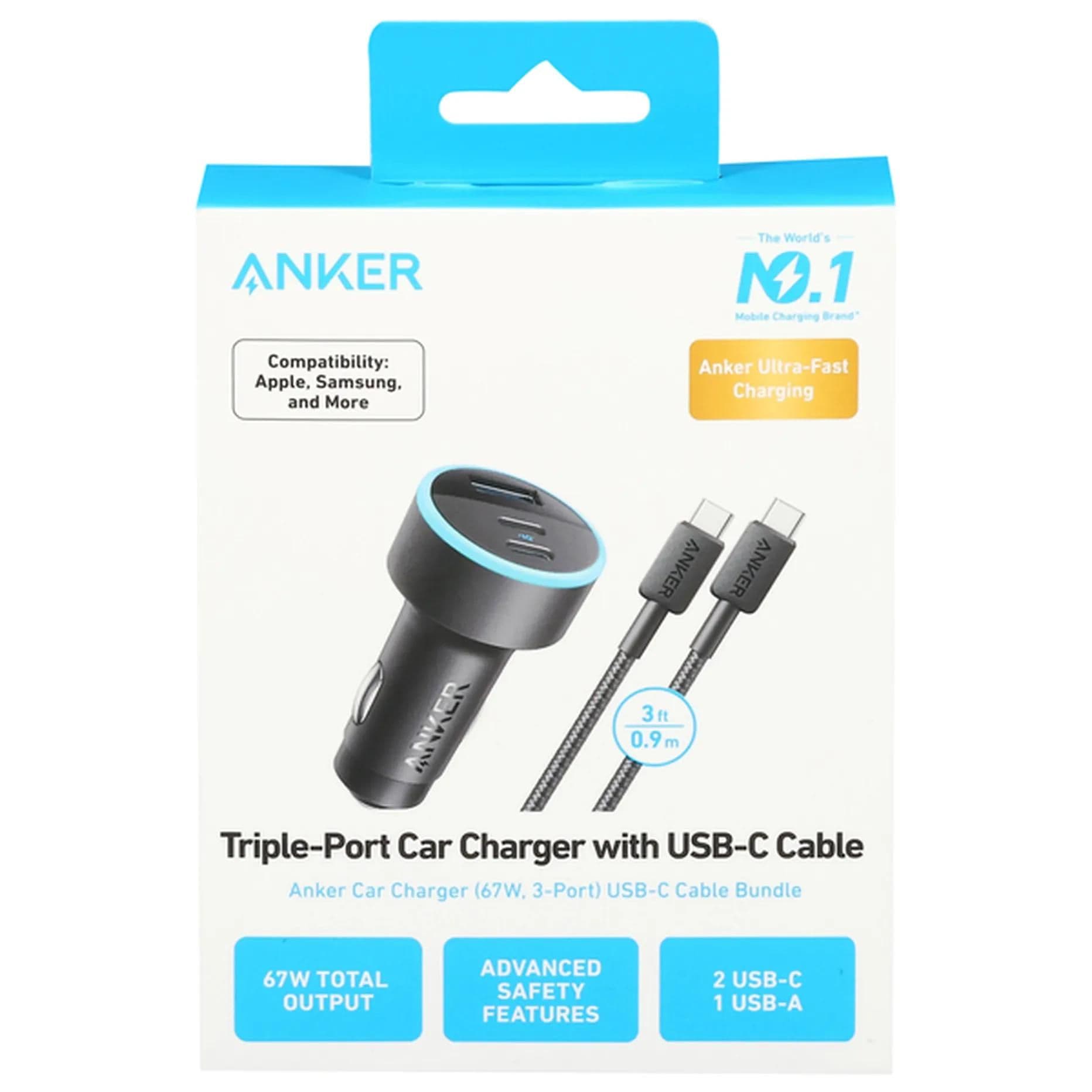 Anker- 335 
67W Fast Car Charger With Charging Data Cable 3Ports (2Usb-C +Usb-A)