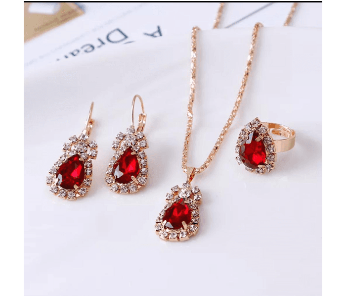 Fashion Waterdrop Shiny Rhinestones Necklace Ring Earrings Women Jewelry Set - Red