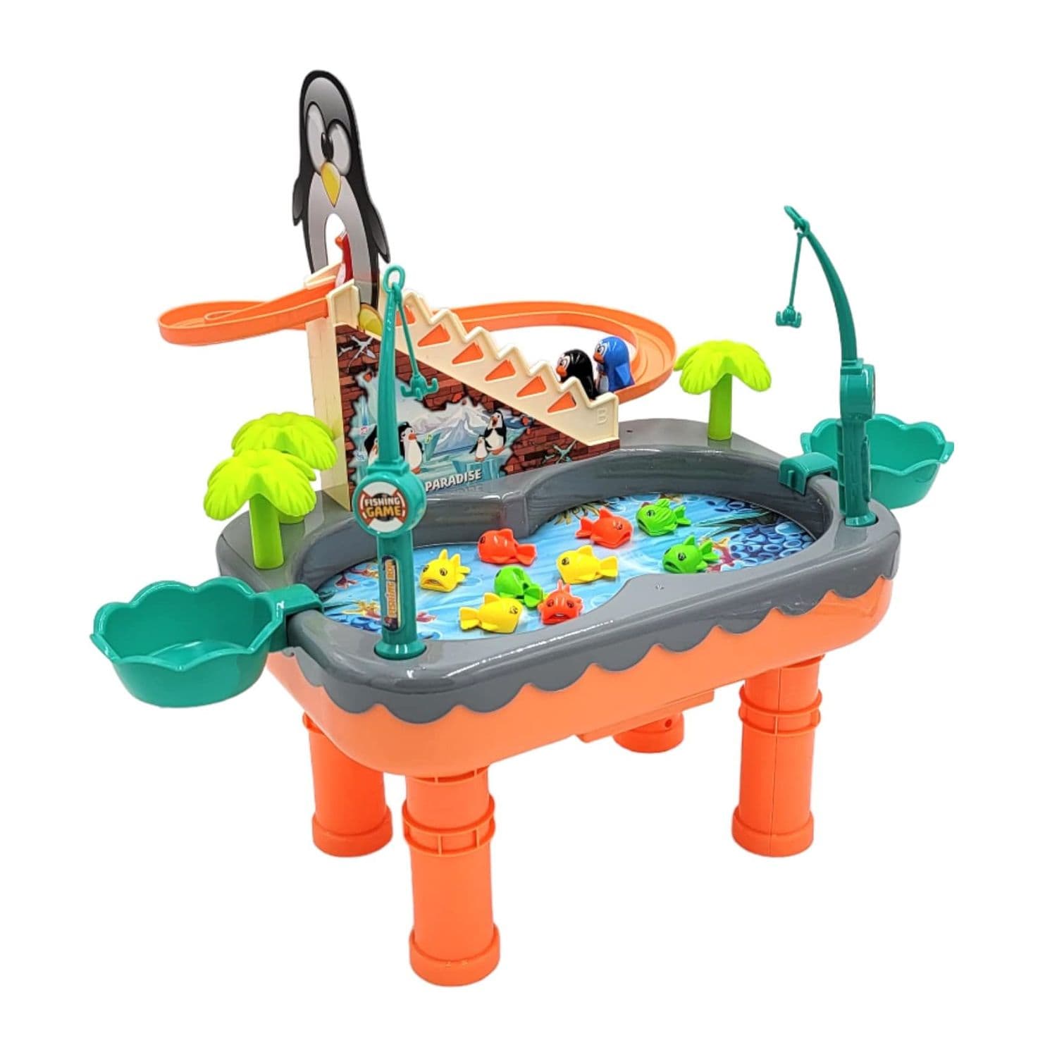 Fishing Penguin Toy Game Set With Electronic Slide Magnetic Pond 3 Magnetic Penguins 9 Fish 2 Fishing Poles With Music 7713B