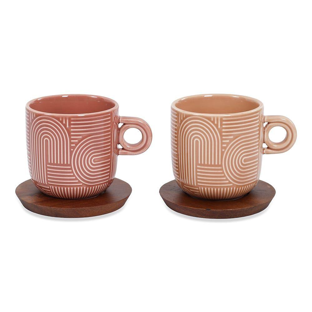 Take A Loop Mugs With Saucer, Red & Orange - Set Of 2, 250 Ml