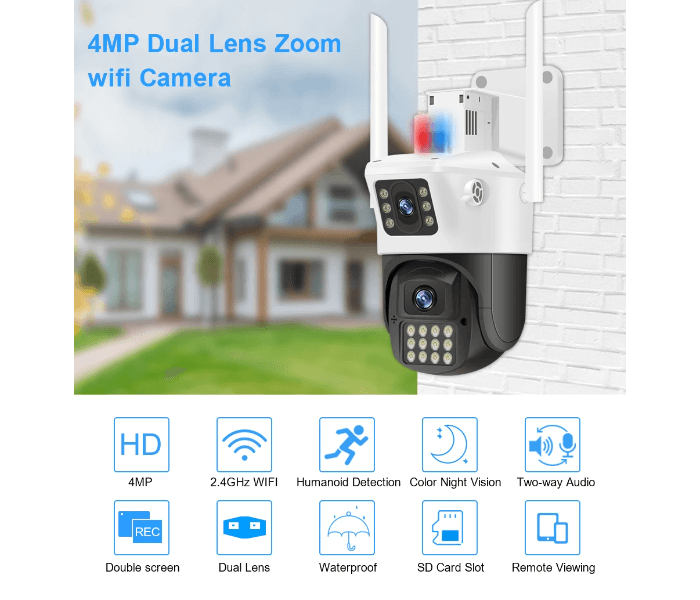 Outdoor Full Hd Ptz Wifi Dual Lens Ai Human Auto Tracking Security Ir Color Night Vision Cctv Video