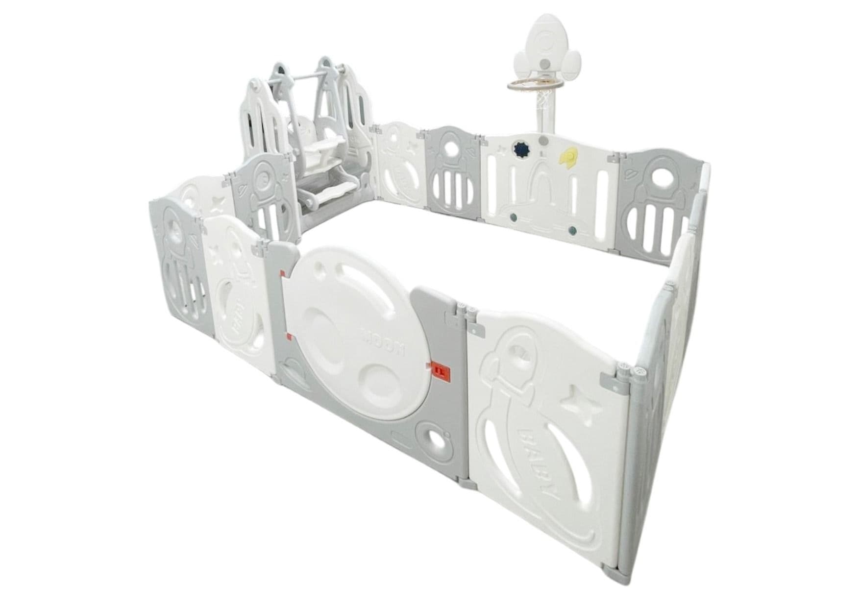 Little Toddlers Foldable Playpen 12 Simple Panel, 1 Game Panel, 1  Door, 1 Basketball Hoop, 1 Swing -160Cm X 200Cm X 63Cm