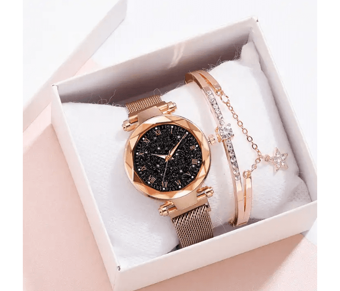 Rhinestone Decor Round Dial Zinc Alloy Strap Quartz Watch with Luminous Bracelet Set - Gold