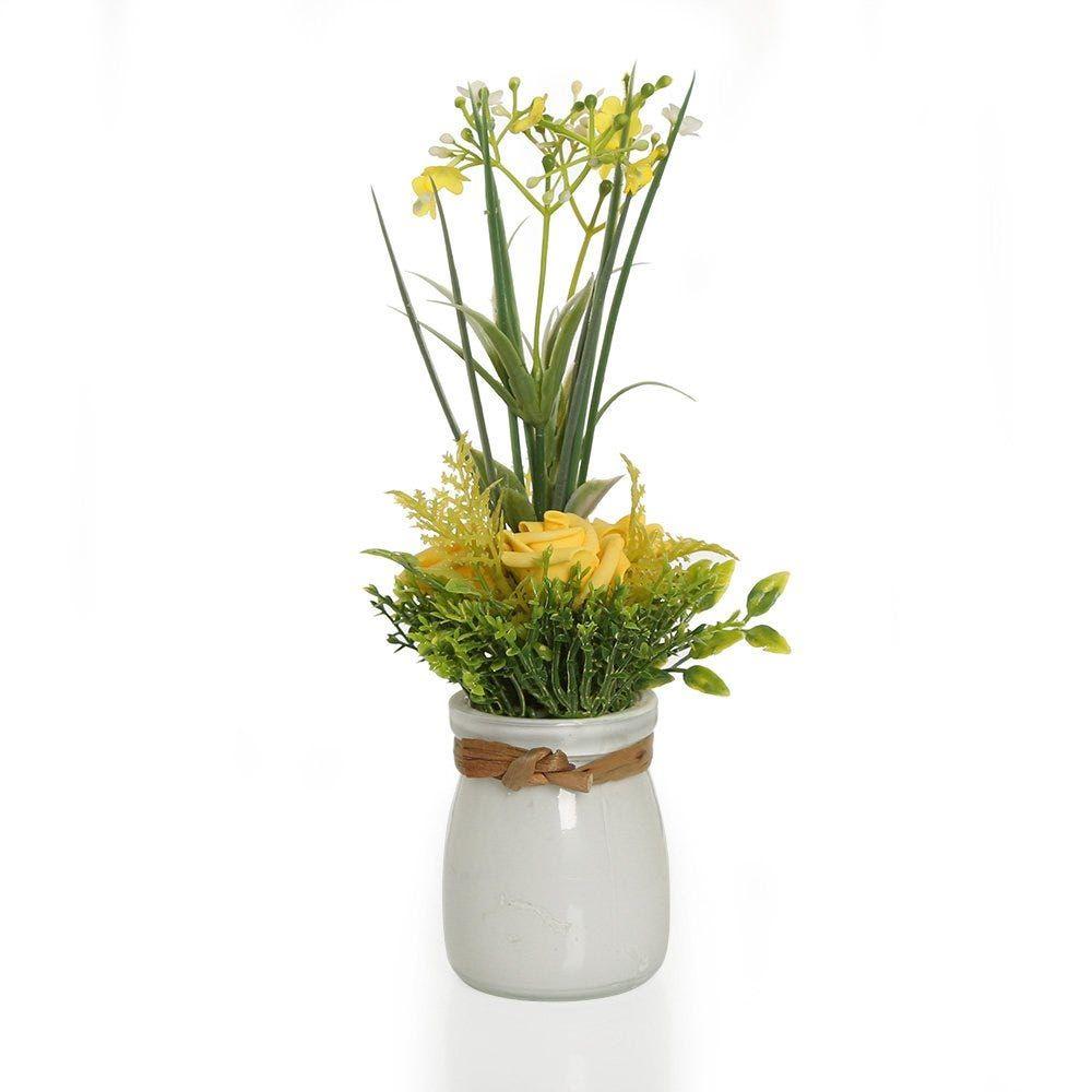 Garden Yellow Roses With Gypso In White Glass Vase Â€“ 22.5 Cms