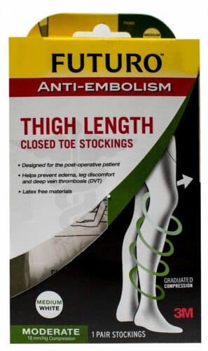 Futuro Anti-Embolism Thigh Length Closed Toe Stockings Medium White 1Pair