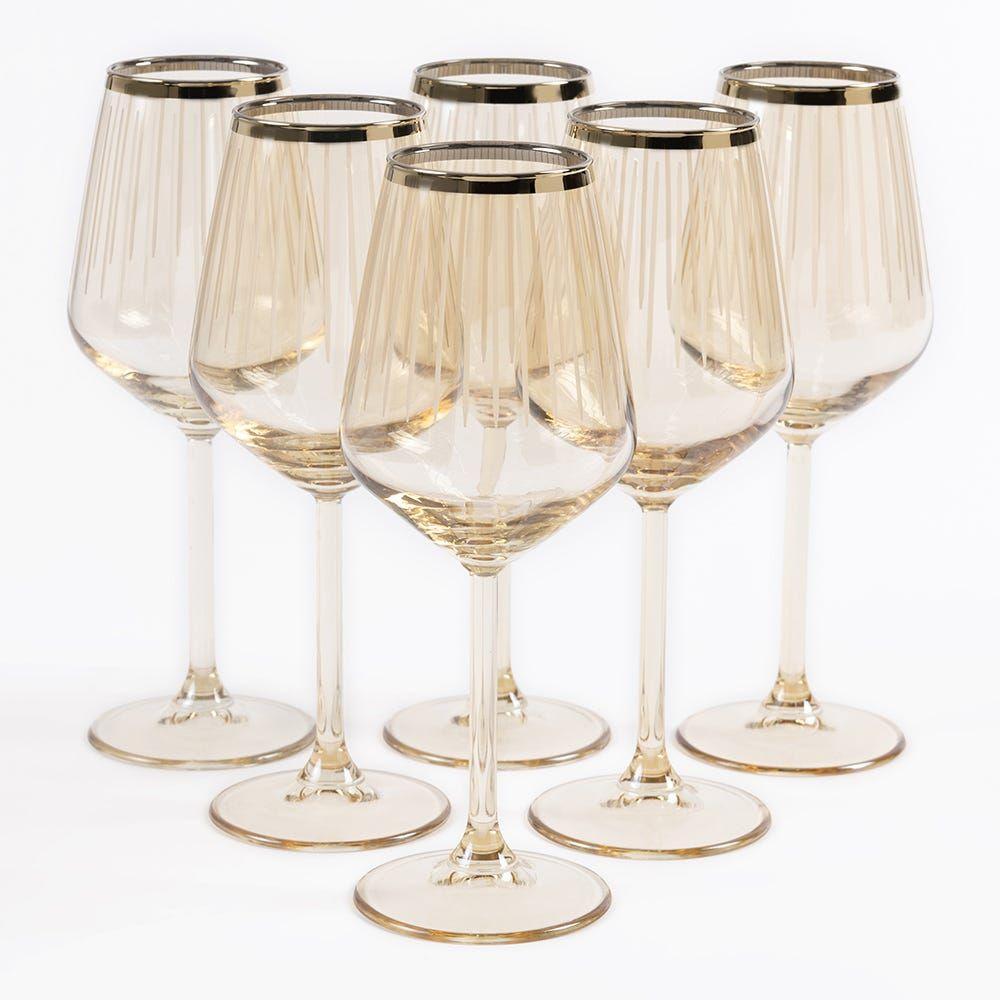 Allegra 6-Piece Striped Wine Glass Set, Honey & Gold - 350 Ml