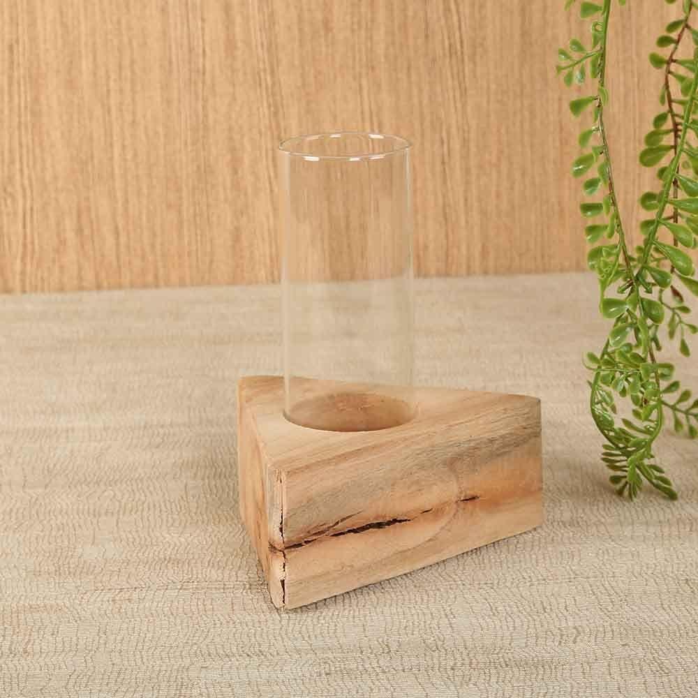 Handmade Triangular Wooden Pot With Glass Tube, Natural Â€“ 14X7 Cms