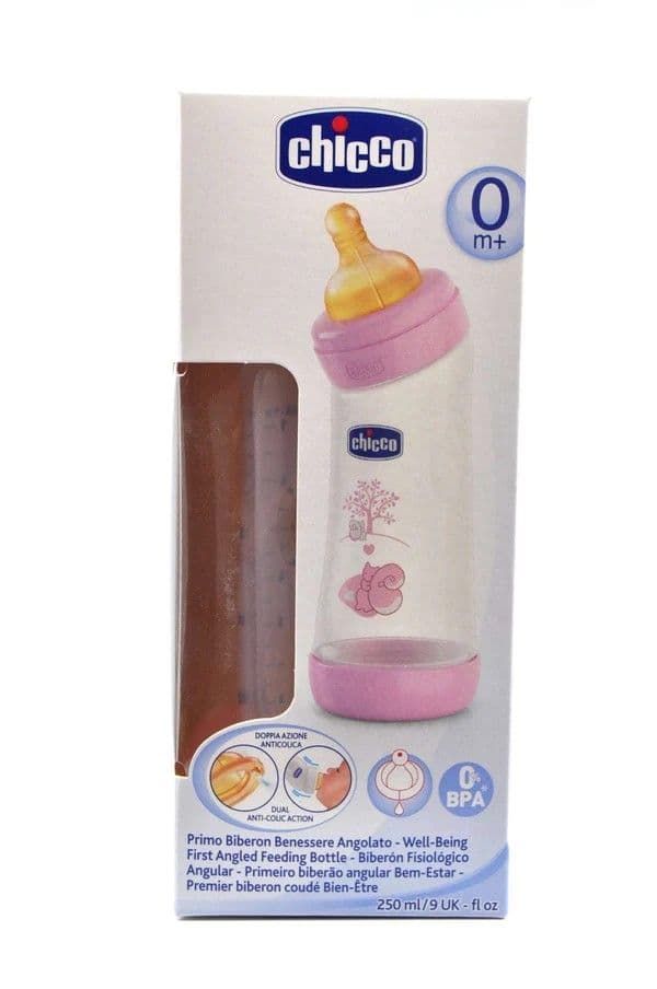 Chicco Well Being First Angled Feeding Bottle Regular Flow Plastic 0M+ 250ml Pink