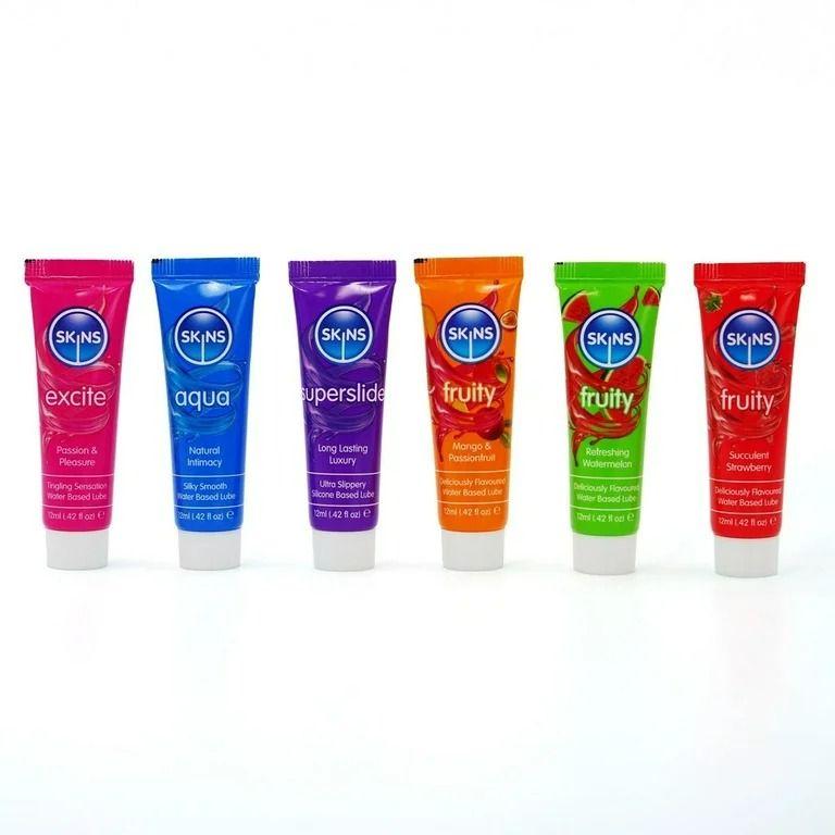 Skins Sampler Water Silicone & Flavored Lubricant Set (6 Pack - Aqua, Excite, Superslide, Fruity)