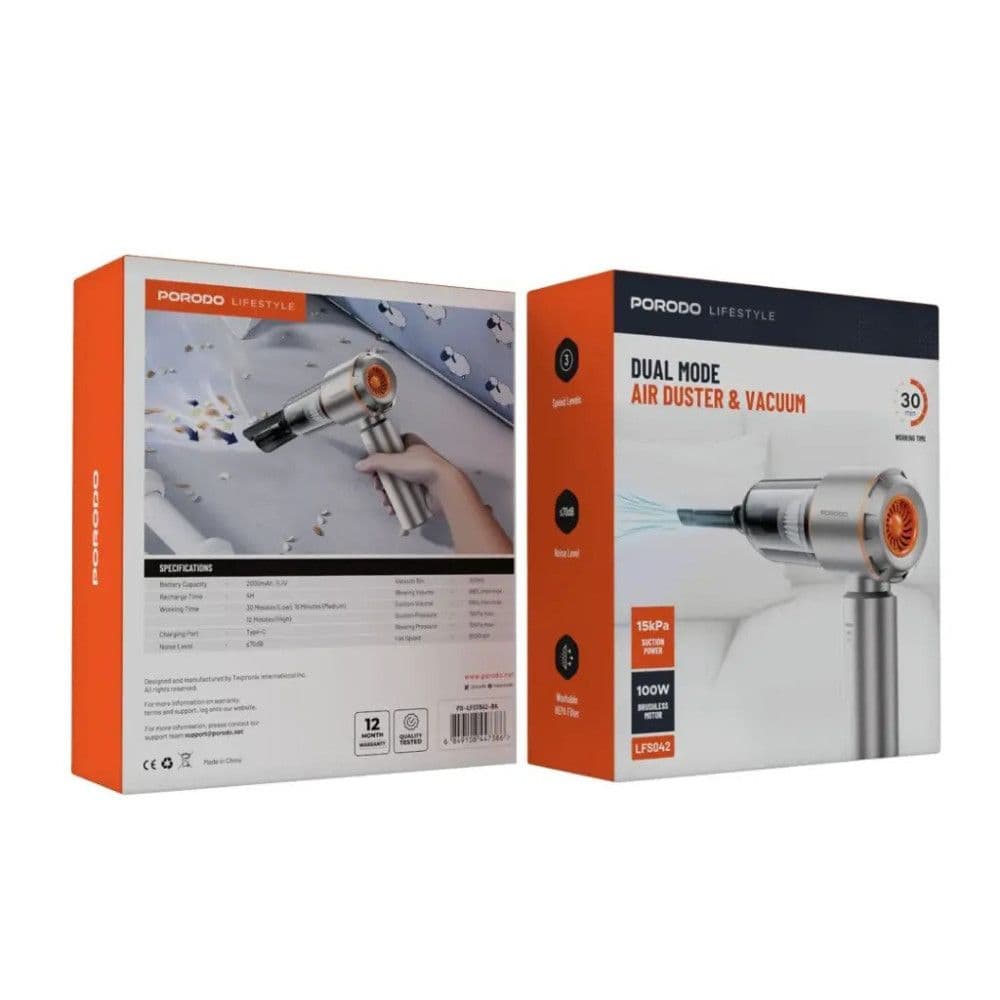 Porodo 2 In 1 Portable Vacuum Cleaner And Air Duster - Silver