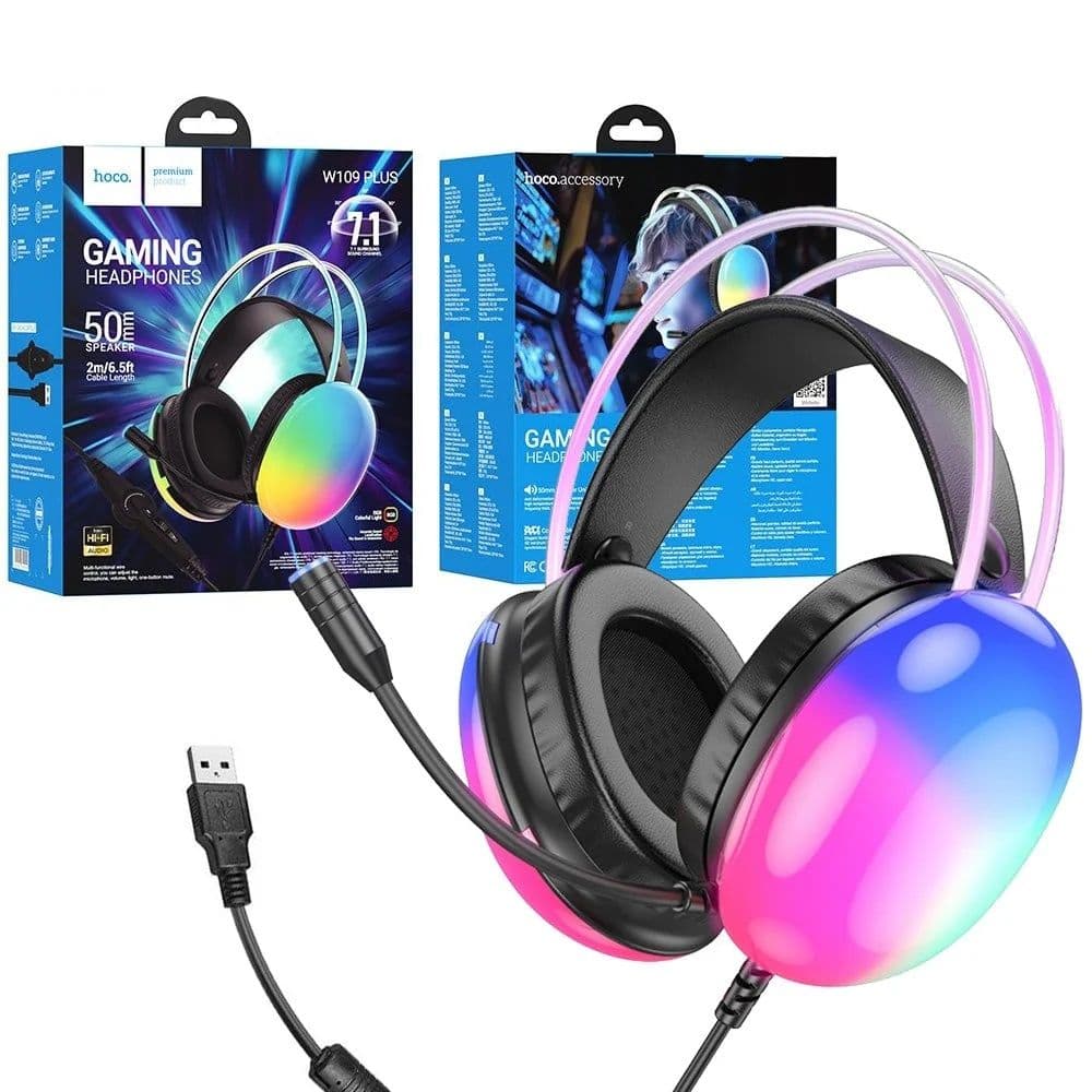 Gaming Wired 7.1 Headphones, Usb-A Long Hd Mic Rgb Lighting 50 Mm Speaker - Hoco W109 Plus