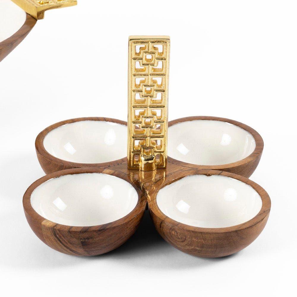 Damask Wooden Quad Bowl, White & Gold - 18X18 Cm