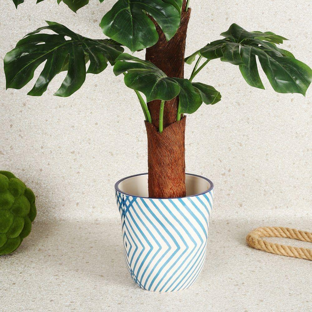 Play Of Lines Ceramic Planter Pot, Blue - 20 Cms