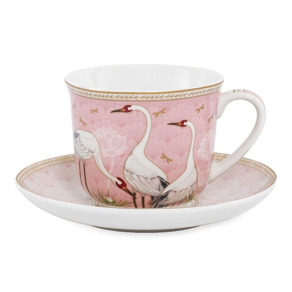 Dancing Herons Cup And Saucer, Pink - 400 Ml