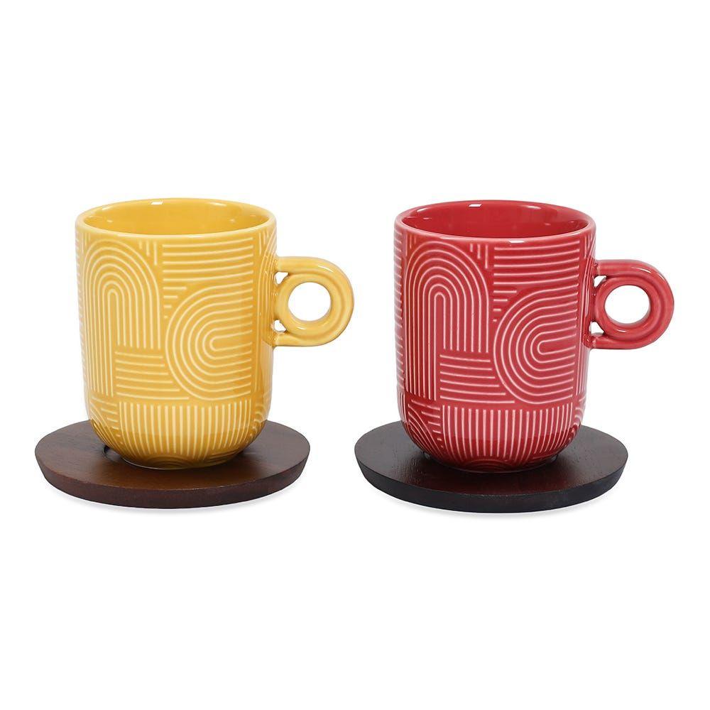 Take A Loop Mug With Saucer, Yellow & Red - Set Of 2, 350 Ml